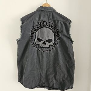 Vintage Harley Davidson Sleeveless Button Up Shirt Large Embroidered Skull Y2K